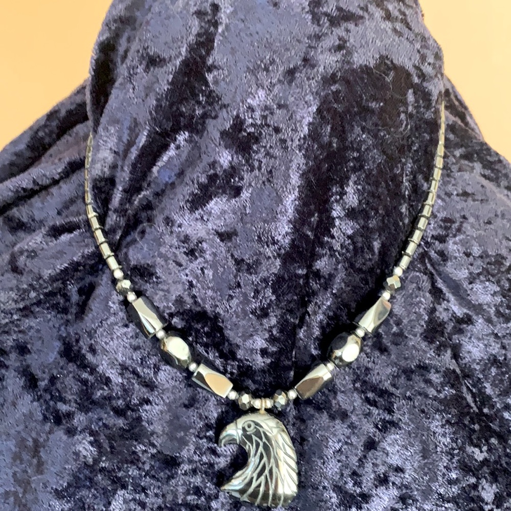 Carved hematite eagles head and beaded necklace